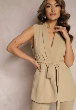 Beżowa Elegancka Kamizelka Stylizowana na Wiązaną Marynarkę Bez Rękawów Qirama