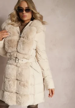 Beżowa Futerkowa Kurtka Płaszcz z Pikowaniem z Kapturem i Paskiem Ikorrde