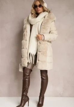 Beżowa Futerkowa Kurtka Płaszcz z Pikowaniem z Kapturem i Paskiem Ikorrde