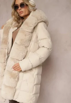 Beżowa Futerkowa Kurtka Płaszcz z Pikowaniem z Kapturem i Paskiem Ikorrde