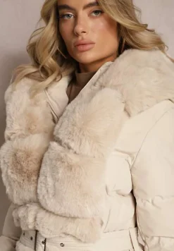 Beżowa Futerkowa Kurtka Płaszcz z Pikowaniem z Kapturem i Paskiem Ikorrde