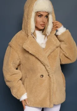 Beżowa Futerkowa Kurtka Teddy z Kapturem z Wsuwanymi Kieszeniami Gerovia