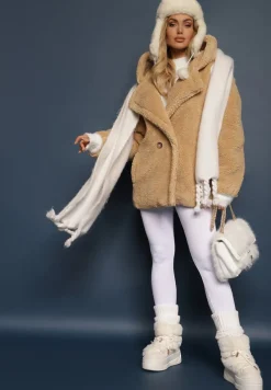 Beżowa Futerkowa Kurtka Teddy z Kapturem z Wsuwanymi Kieszeniami Gerovia