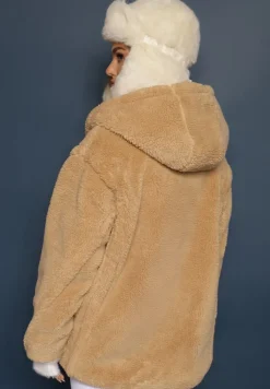 Beżowa Futerkowa Kurtka Teddy z Kapturem z Wsuwanymi Kieszeniami Gerovia