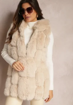 Beżowa Futrzana Kamizelka z Kapturem Konessa