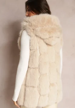 Beżowa Futrzana Kamizelka z Kapturem Konessa