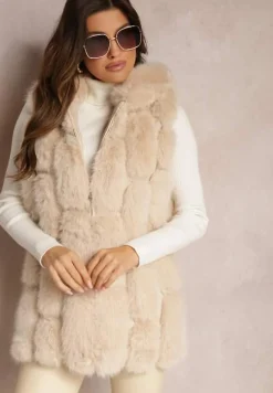 Beżowa Futrzana Kamizelka z Kapturem Konessa