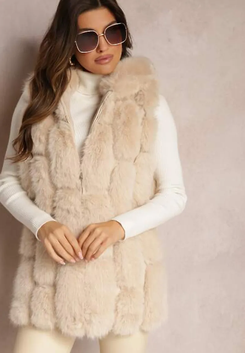 Beżowa Futrzana Kamizelka z Kapturem Konessa