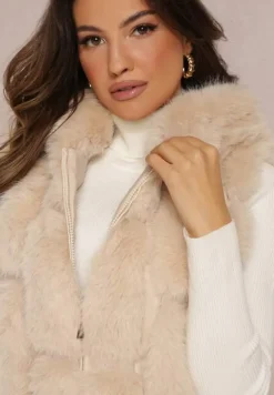 Beżowa Futrzana Kamizelka z Kapturem Konessa