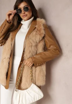 Beżowa Futrzana Kamizelka z Wstawkami z Ekoskóry Lewja