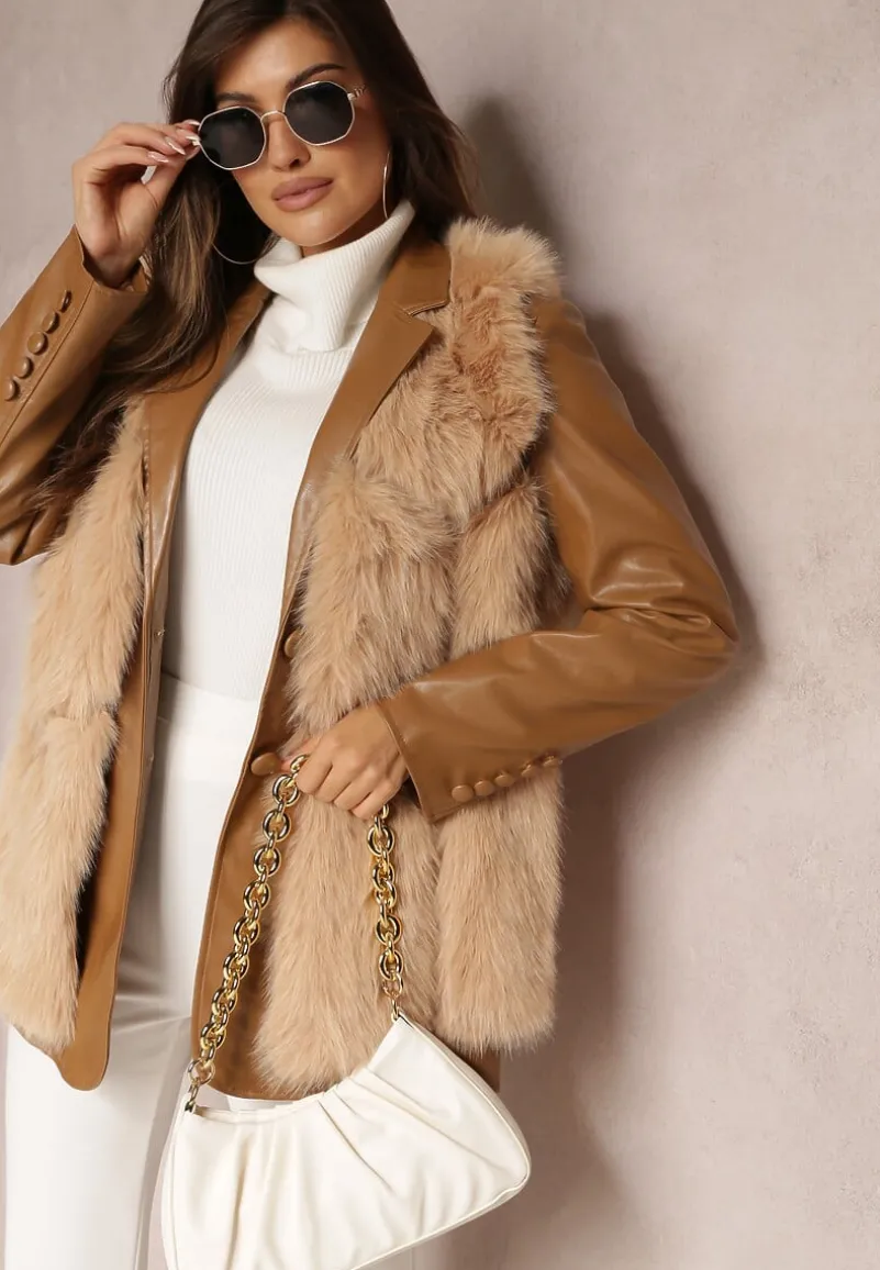 Beżowa Futrzana Kamizelka z Wstawkami z Ekoskóry Lewja