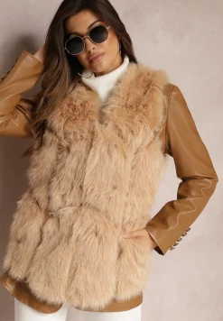Beżowa Futrzana Kamizelka z Wstawkami z Ekoskóry Lewja