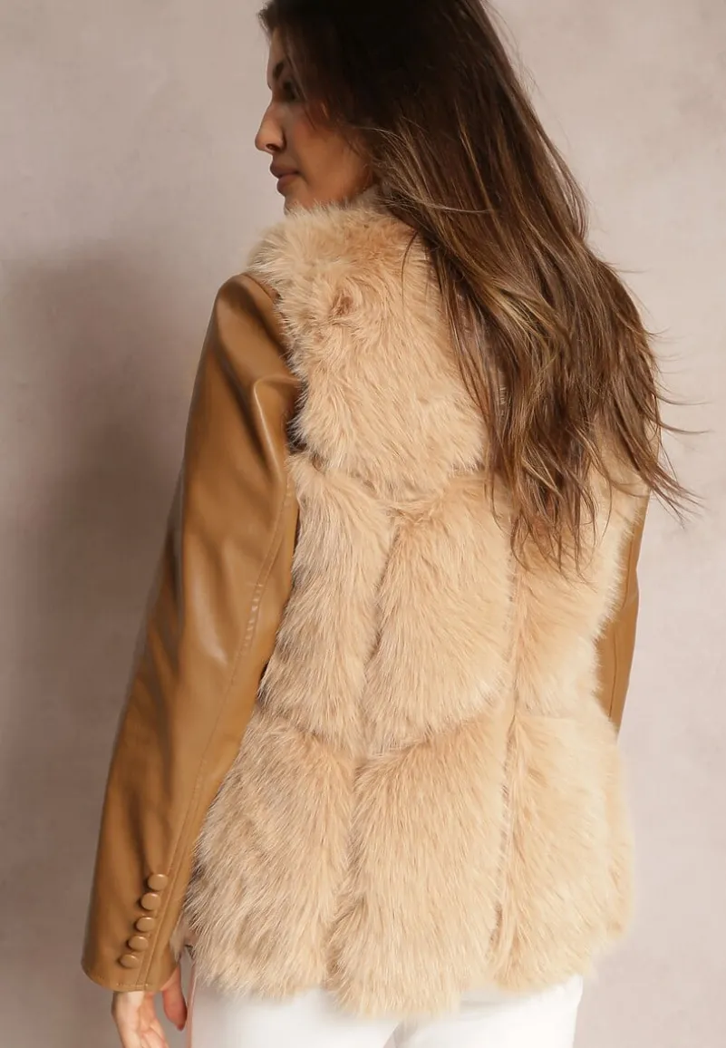 Beżowa Futrzana Kamizelka z Wstawkami z Ekoskóry Lewja
