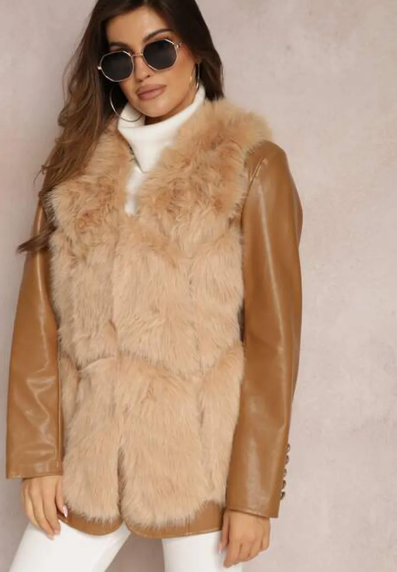 Beżowa Futrzana Kamizelka z Wstawkami z Ekoskóry Lewja