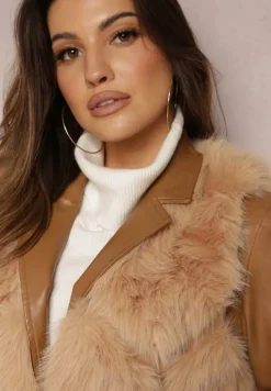 Beżowa Futrzana Kamizelka z Wstawkami z Ekoskóry Lewja