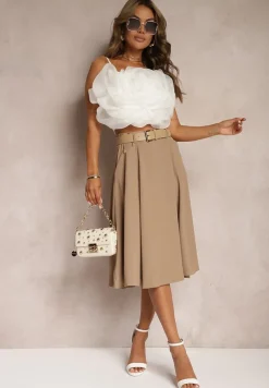 Beżowa Gładka Spódnica o Rozkloszowanym Fasonie z Paskiem i Podszewką Zinrace