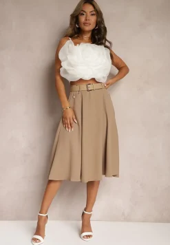Beżowa Gładka Spódnica o Rozkloszowanym Fasonie z Paskiem i Podszewką Zinrace