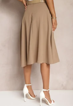 Beżowa Gładka Spódnica o Rozkloszowanym Fasonie z Paskiem i Podszewką Zinrace