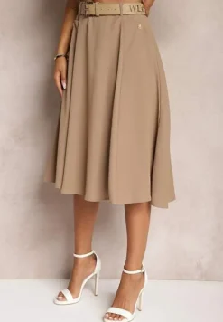 Beżowa Gładka Spódnica o Rozkloszowanym Fasonie z Paskiem i Podszewką Zinrace