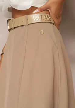 Beżowa Gładka Spódnica o Rozkloszowanym Fasonie z Paskiem i Podszewką Zinrace
