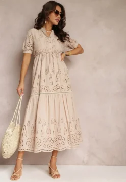 Beżowa Haftowana Sukienka Bawełniana ze Ściągaczem w Talii Ineryna