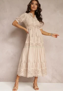 Beżowa Haftowana Sukienka Bawełniana ze Ściągaczem w Talii Ineryna