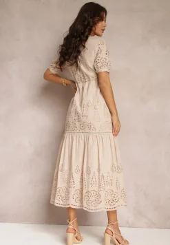 Beżowa Haftowana Sukienka Bawełniana ze Ściągaczem w Talii Ineryna