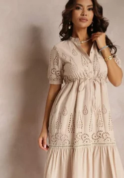 Beżowa Haftowana Sukienka Bawełniana ze Ściągaczem w Talii Ineryna