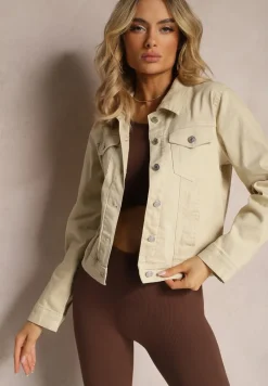 Beżowa Jeansowa Kurtka z Bawełny z Guzikami i Kieszeniami Ainztia