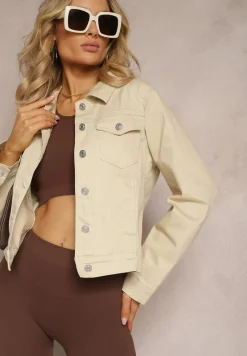 Beżowa Jeansowa Kurtka z Bawełny z Guzikami i Kieszeniami Ainztia