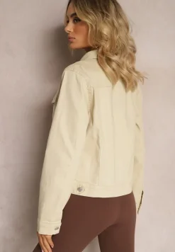 Beżowa Jeansowa Kurtka z Bawełny z Guzikami i Kieszeniami Ainztia