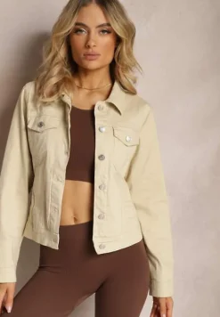 Beżowa Jeansowa Kurtka z Bawełny z Guzikami i Kieszeniami Ainztia