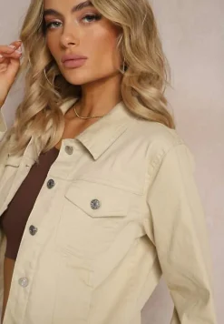 Beżowa Jeansowa Kurtka z Bawełny z Guzikami i Kieszeniami Ainztia