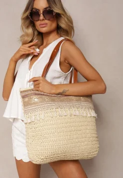Beżowa Jednokomorowa Duża Torebka w Stylu Boho Ozdobiona Frędzlami Rivanete