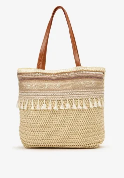 Beżowa Jednokomorowa Duża Torebka w Stylu Boho Ozdobiona Frędzlami Rivanete