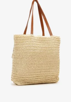 Beżowa Jednokomorowa Duża Torebka w Stylu Boho Ozdobiona Frędzlami Rivanete