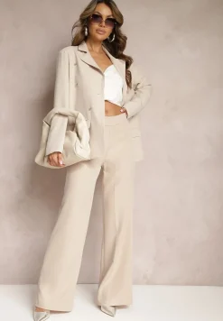 Beżowa Jednorzędowa Marynarka Oversize z Metalicznymi Literkami i Kieszeniami Loriviella