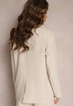 Beżowa Jednorzędowa Marynarka Oversize z Metalicznymi Literkami i Kieszeniami Loriviella