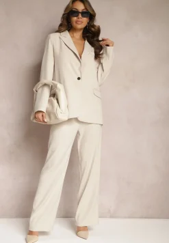 Beżowa Jednorzędowa Marynarka o Pudełkowym Fasonie z Kieszeniami Stilvina