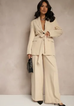 Beżowa Jednorzędowa Marynarka o Taliowanym Fasonie z Wiązanym Paskiem Daviritte