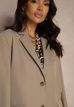 Beżowa Jednorzędowa Marynarka o Pudełkowym Kroju z Rozcięciem Temithis