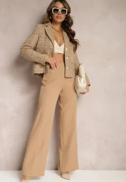 Beżowa Jednorzędowa Marynarka Retro z Tweedowej Tkaniny Aizrra