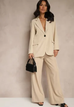 Beżowa Jednorzędowa Marynarka o Klasycznym Kroju Zdobiona Imitacją Kieszeni Zenzeri