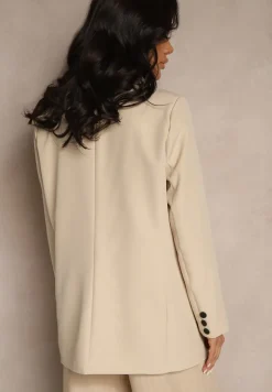 Beżowa Jednorzędowa Marynarka o Klasycznym Kroju Zdobiona Imitacją Kieszeni Zenzeri