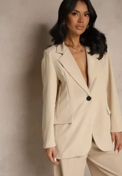 Beżowa Jednorzędowa Marynarka o Klasycznym Kroju Zdobiona Imitacją Kieszeni Zenzeri