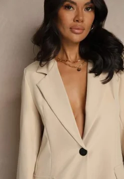 Beżowa Jednorzędowa Marynarka o Klasycznym Kroju Zdobiona Imitacją Kieszeni Zenzeri