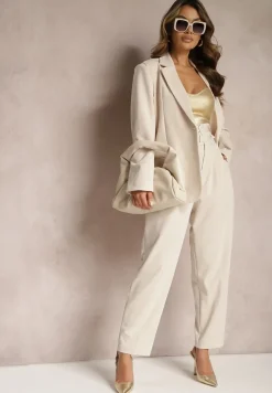 Beżowa Jednorzędowa Marynarka z Podkreślonymi Ramionami Quillian