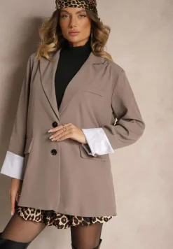 Beżowa Jednorzędowa Marynarka z Wywiniętymi Rękawami i Usztywnioną Linią Ramion Mialassa