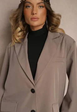 Beżowa Jednorzędowa Marynarka z Wywiniętymi Rękawami i Usztywnioną Linią Ramion Mialassa