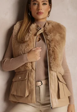 Beżowa Kamizelka z Futerka i Ekoskóry Wiązana w Pasie Ondoli